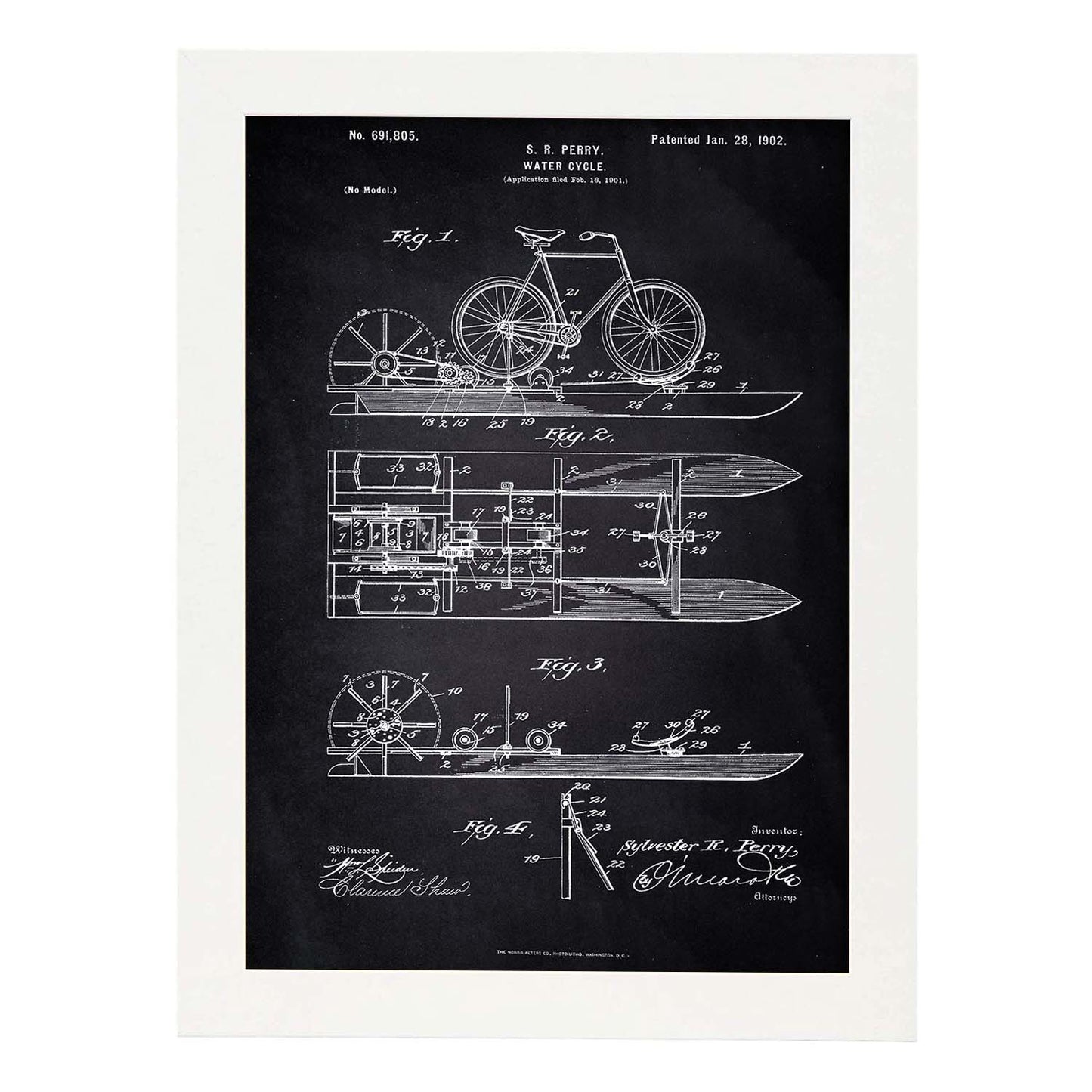 Poster con patente de Bicicleta acuatica. Lámina con diseño de patente antigua-Artwork-Nacnic-A4-Marco Blanco-Nacnic Estudio SL