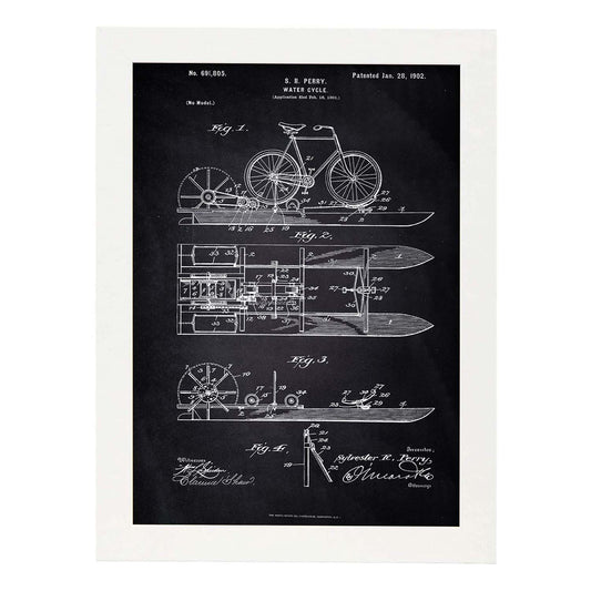 Poster con patente de Bicicleta acuatica. Lámina con diseño de patente antigua-Artwork-Nacnic-A4-Marco Blanco-Nacnic Estudio SL
