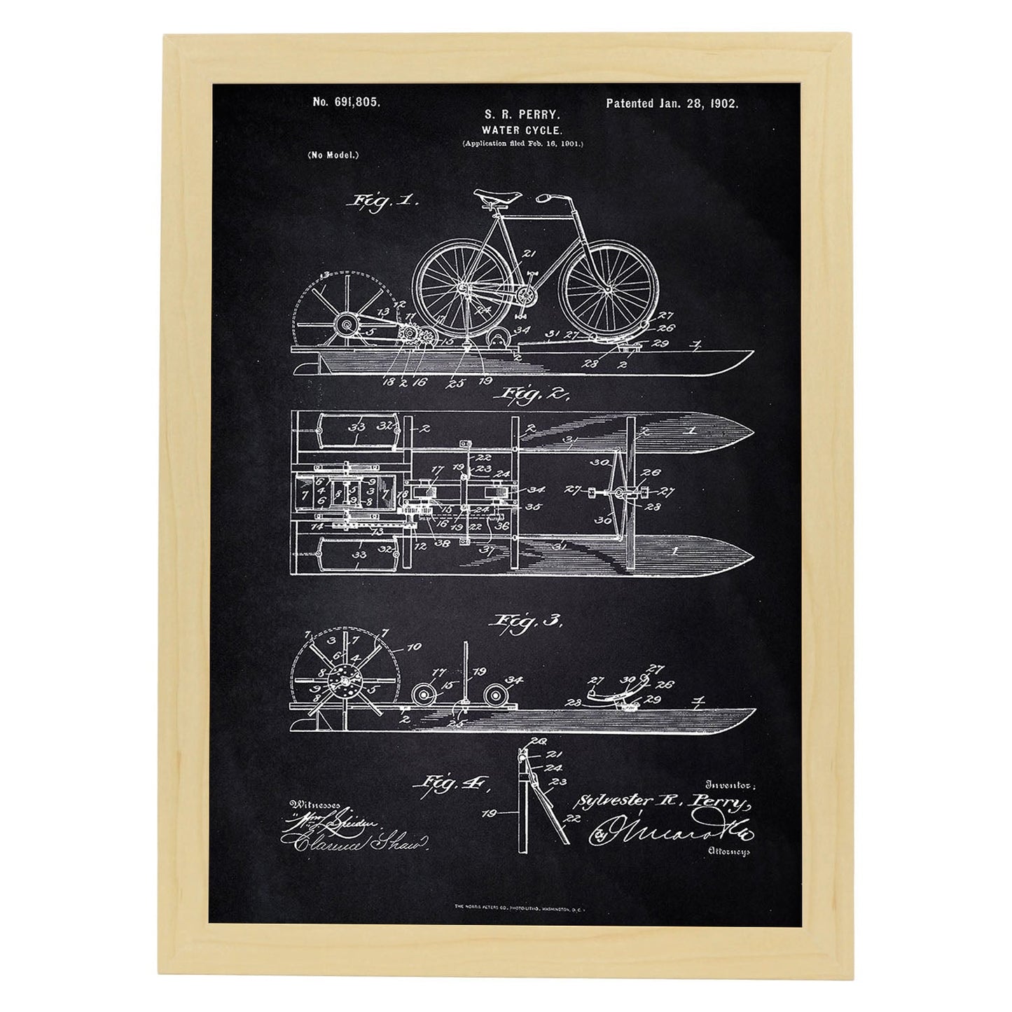 Poster con patente de Bicicleta acuatica. Lámina con diseño de patente antigua-Artwork-Nacnic-A4-Marco Madera clara-Nacnic Estudio SL