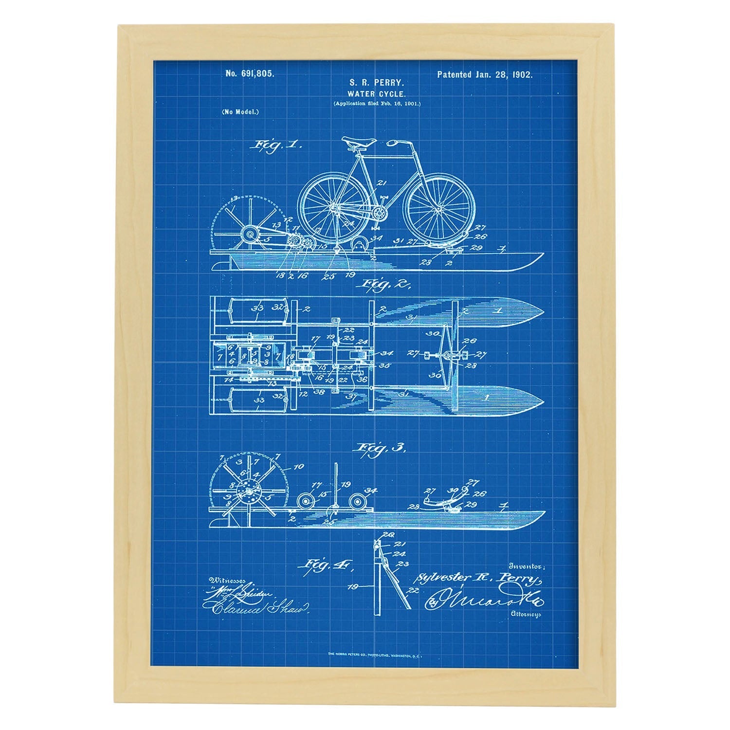 Poster con patente de Bicicleta acuatica. Lámina con diseño de patente antigua-Artwork-Nacnic-A4-Marco Madera clara-Nacnic Estudio SL