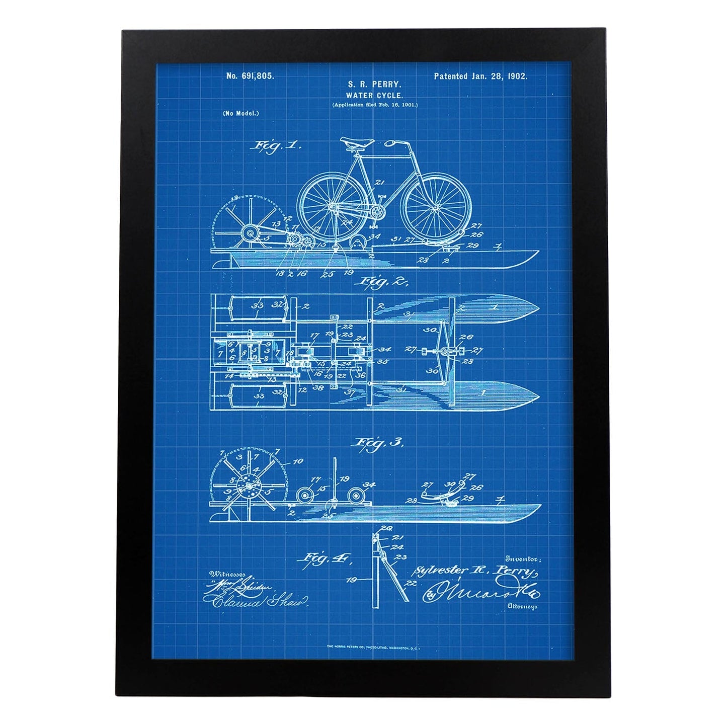 Poster con patente de Bicicleta acuatica. Lámina con diseño de patente antigua-Artwork-Nacnic-A4-Marco Negro-Nacnic Estudio SL