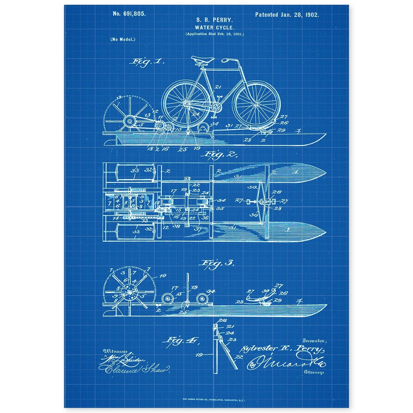 Poster con patente de Bicicleta acuatica. Lámina con diseño de patente antigua-Artwork-Nacnic-A4-Sin marco-Nacnic Estudio SL