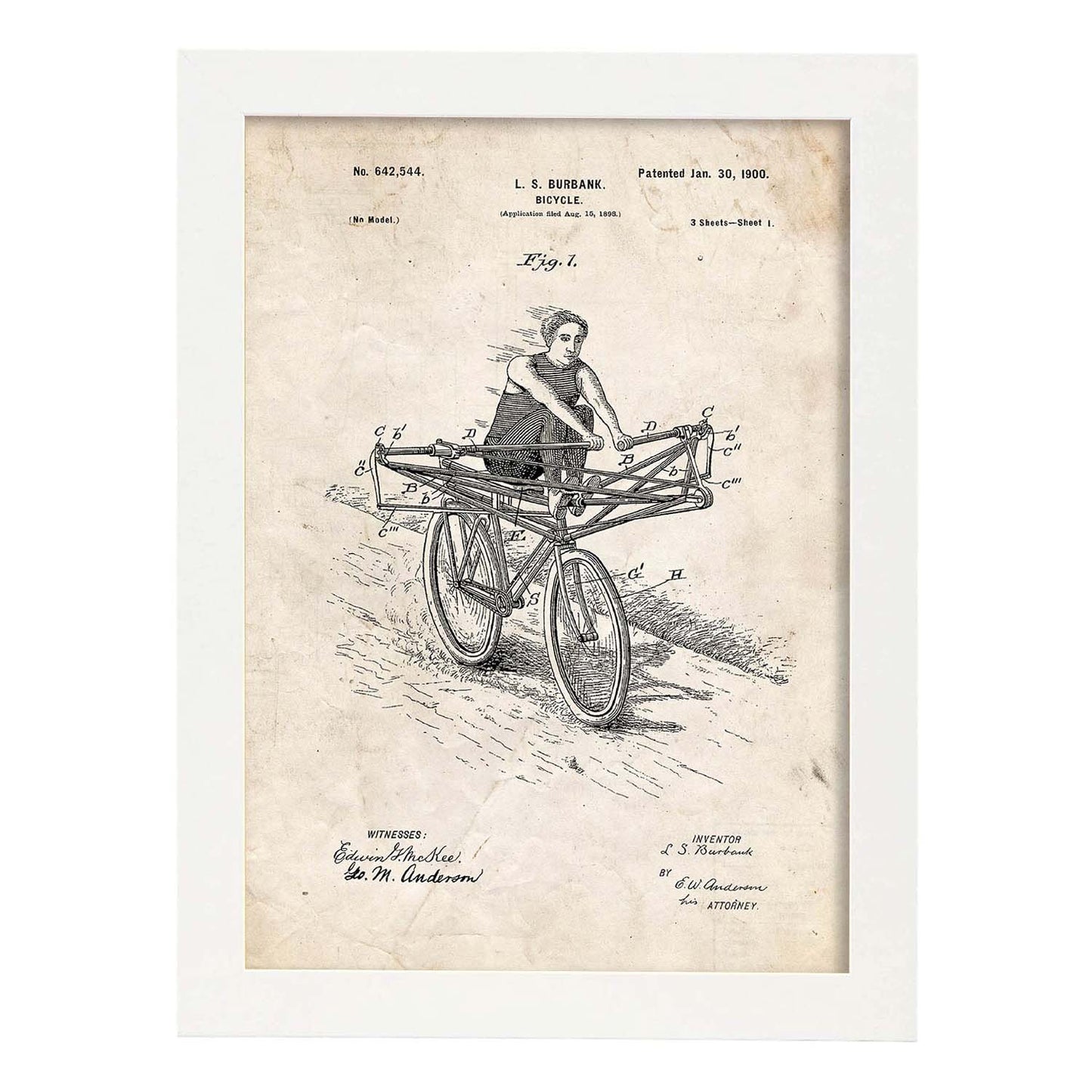Poster con patente de Bicicleta manual. Lámina con diseño de patente antigua.-Artwork-Nacnic-A3-Marco Blanco-Nacnic Estudio SL