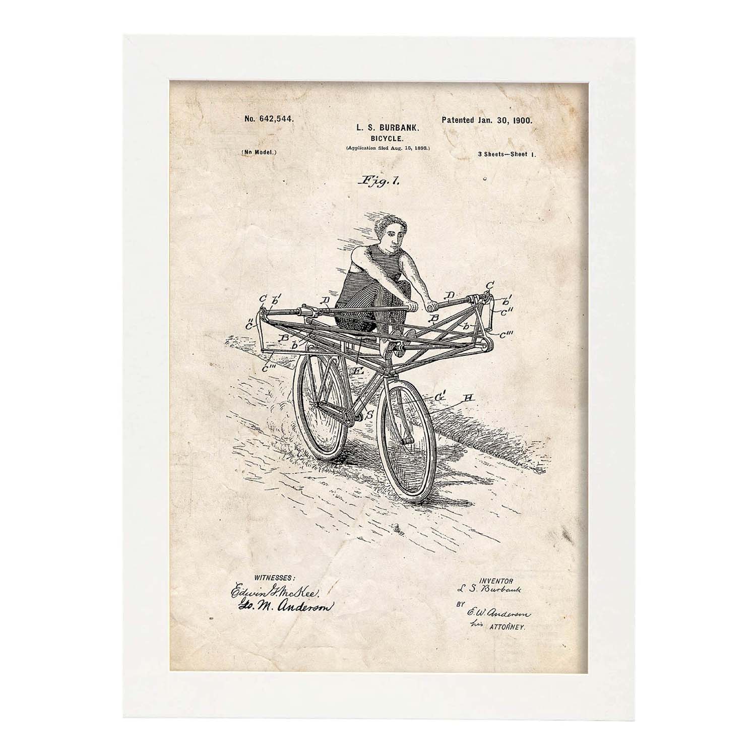 Poster con patente de Bicicleta manual. Lámina con diseño de patente antigua.-Artwork-Nacnic-A3-Marco Blanco-Nacnic Estudio SL
