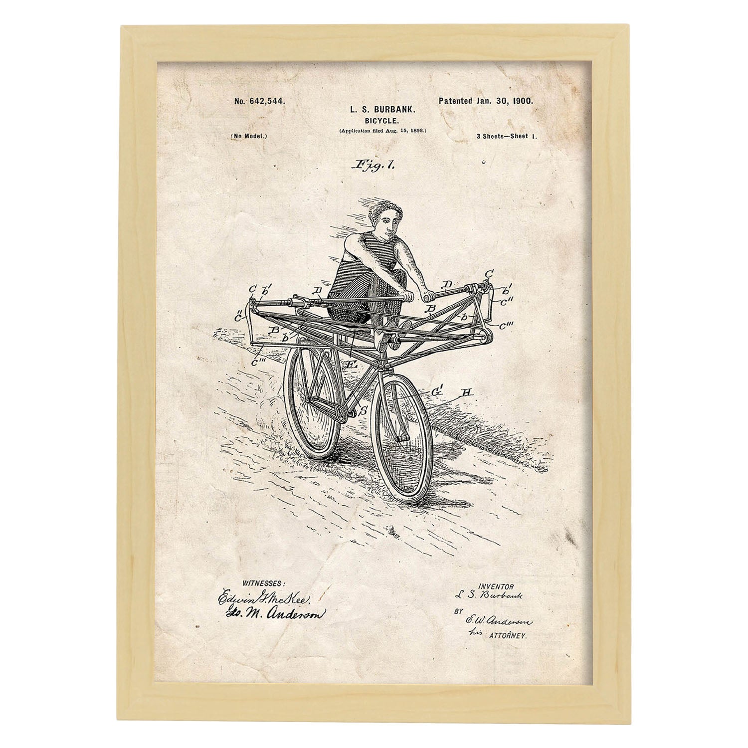 Poster con patente de Bicicleta manual. Lámina con diseño de patente antigua.-Artwork-Nacnic-A3-Marco Madera clara-Nacnic Estudio SL