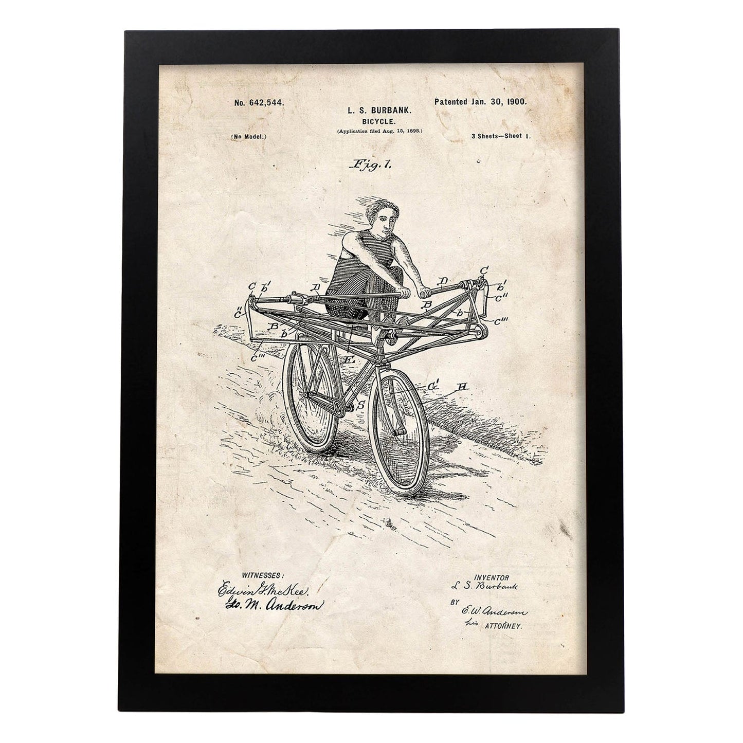 Poster con patente de Bicicleta manual. Lámina con diseño de patente antigua.-Artwork-Nacnic-A3-Marco Negro-Nacnic Estudio SL
