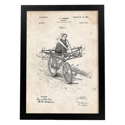 Poster con patente de Bicicleta manual. Lámina con diseño de patente antigua.-Artwork-Nacnic-A4-Marco Negro-Nacnic Estudio SL