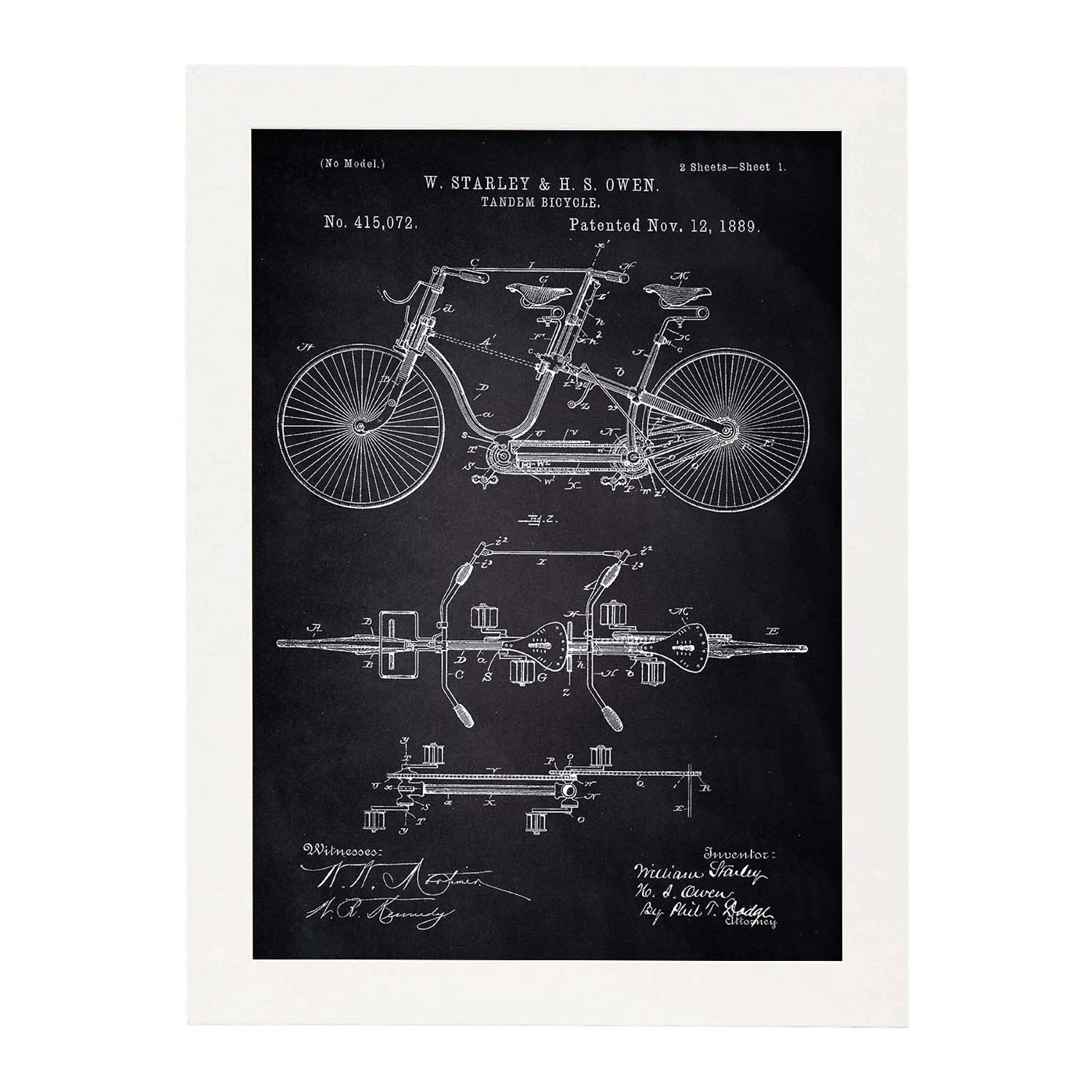 Poster con patente de Bicicleta tandem. Lámina con diseño de patente antigua-Artwork-Nacnic-A3-Marco Blanco-Nacnic Estudio SL