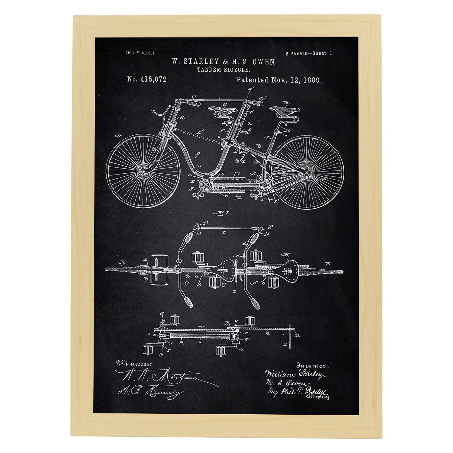 Poster con patente de Bicicleta tandem. Lámina con diseño de patente antigua-Artwork-Nacnic-A3-Marco Madera clara-Nacnic Estudio SL