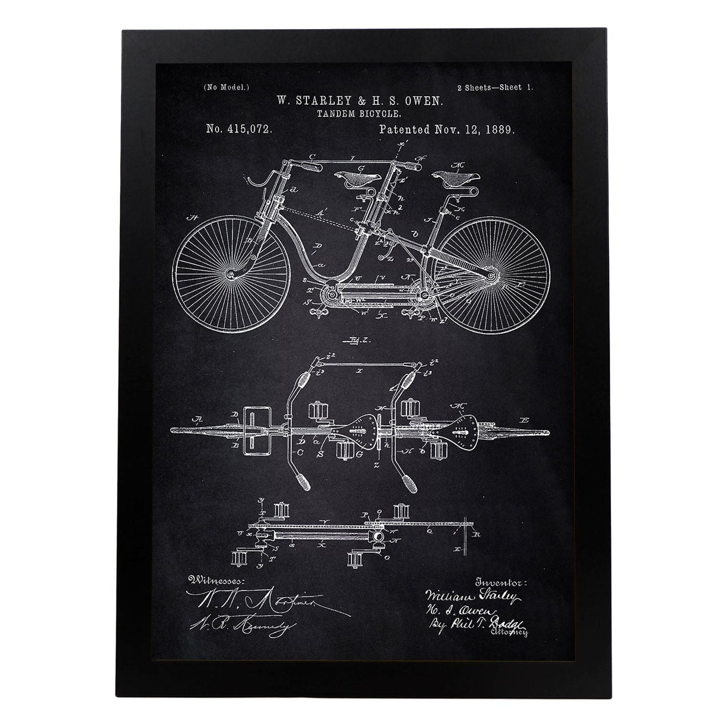 Poster con patente de Bicicleta tandem. Lámina con diseño de patente antigua-Artwork-Nacnic-A3-Marco Negro-Nacnic Estudio SL