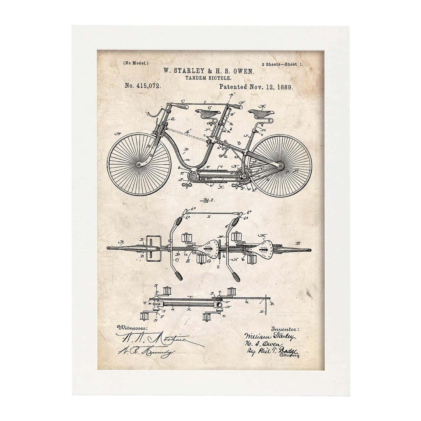 Poster con patente de Bicicleta tandem. Lámina con diseño de patente antigua.-Artwork-Nacnic-A3-Marco Blanco-Nacnic Estudio SL