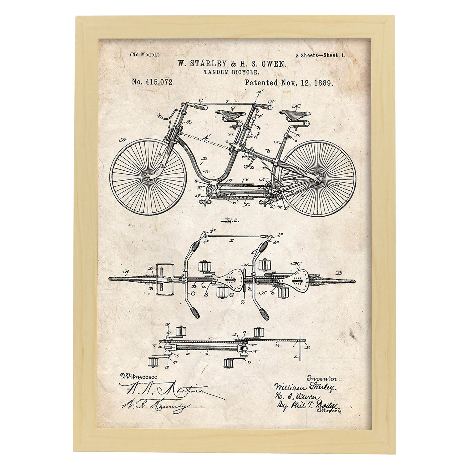 Poster con patente de Bicicleta tandem. Lámina con diseño de patente antigua.-Artwork-Nacnic-A3-Marco Madera clara-Nacnic Estudio SL