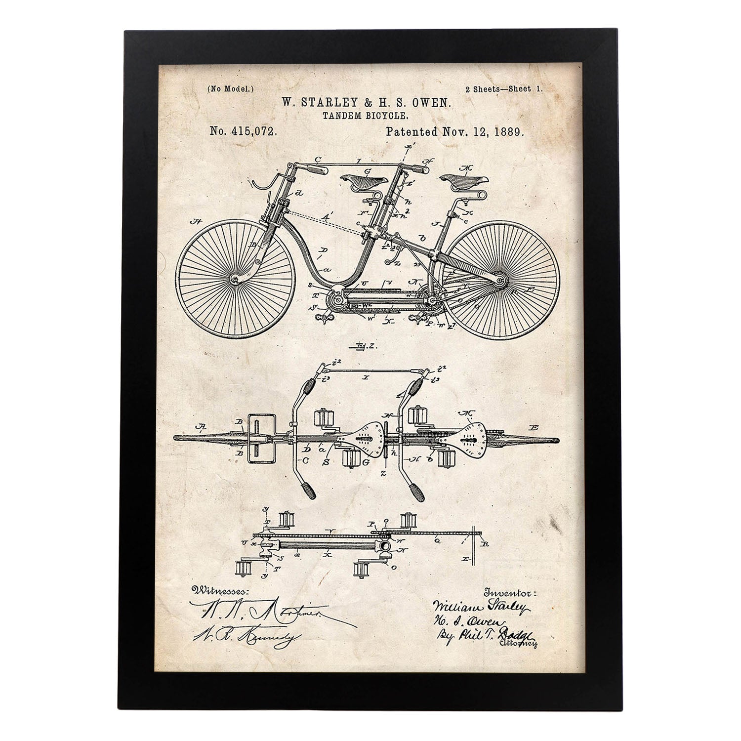 Poster con patente de Bicicleta tandem. Lámina con diseño de patente antigua.-Artwork-Nacnic-A3-Marco Negro-Nacnic Estudio SL