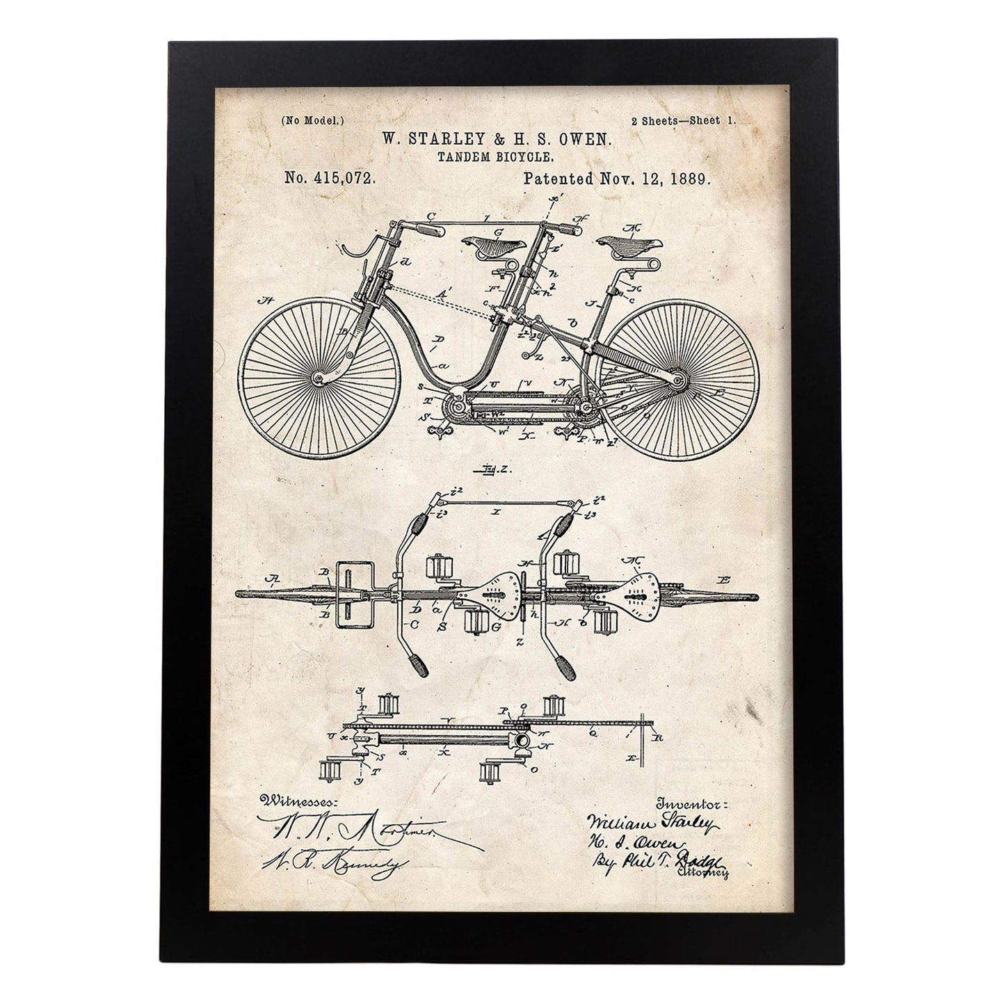 Poster con patente de Bicicleta tandem. Lámina con diseño de patente antigua.-Artwork-Nacnic-A4-Marco Negro-Nacnic Estudio SL