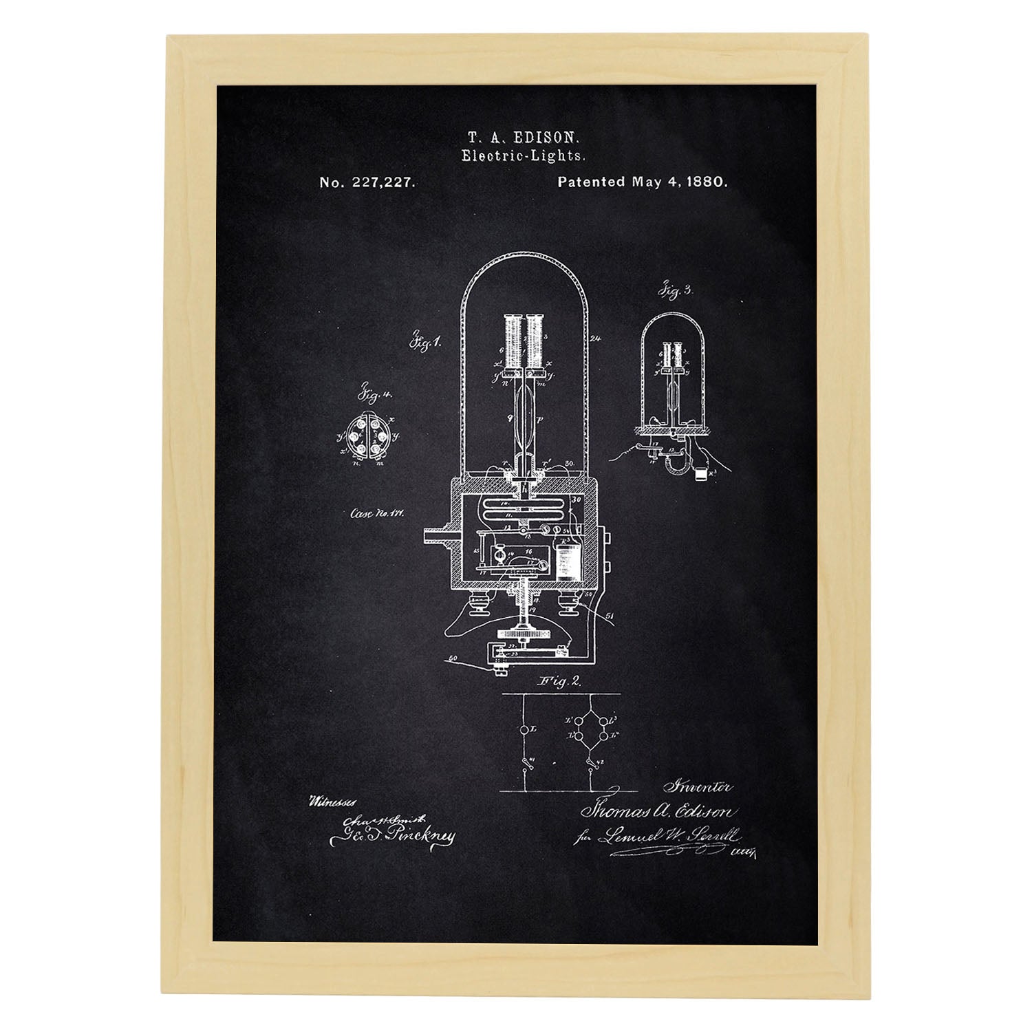 Poster con patente de Bombilla electrica 2. Lámina con diseño de patente antigua-Artwork-Nacnic-A3-Marco Madera clara-Nacnic Estudio SL
