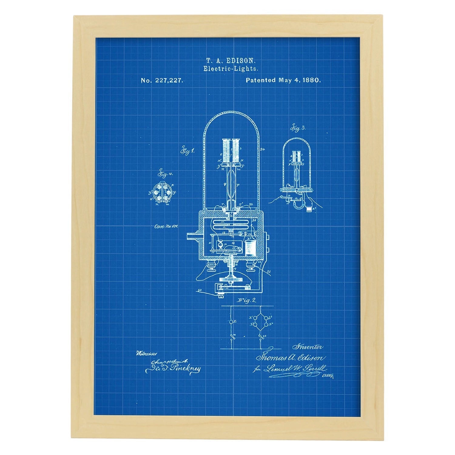 Poster con patente de Bombilla electrica 2. Lámina con diseño de patente antigua-Artwork-Nacnic-A3-Marco Madera clara-Nacnic Estudio SL