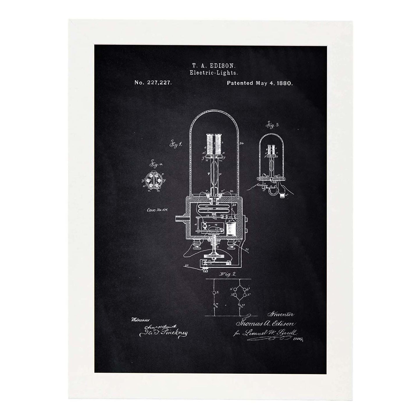 Poster con patente de Bombilla electrica 2. Lámina con diseño de patente antigua-Artwork-Nacnic-A4-Marco Blanco-Nacnic Estudio SL