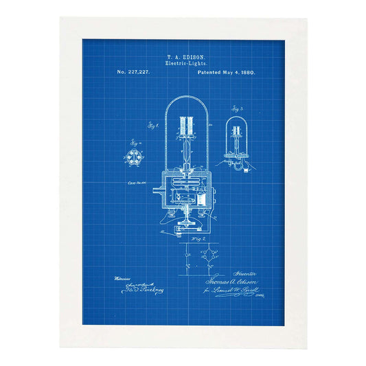 Poster con patente de Bombilla electrica 2. Lámina con diseño de patente antigua-Artwork-Nacnic-A4-Marco Blanco-Nacnic Estudio SL