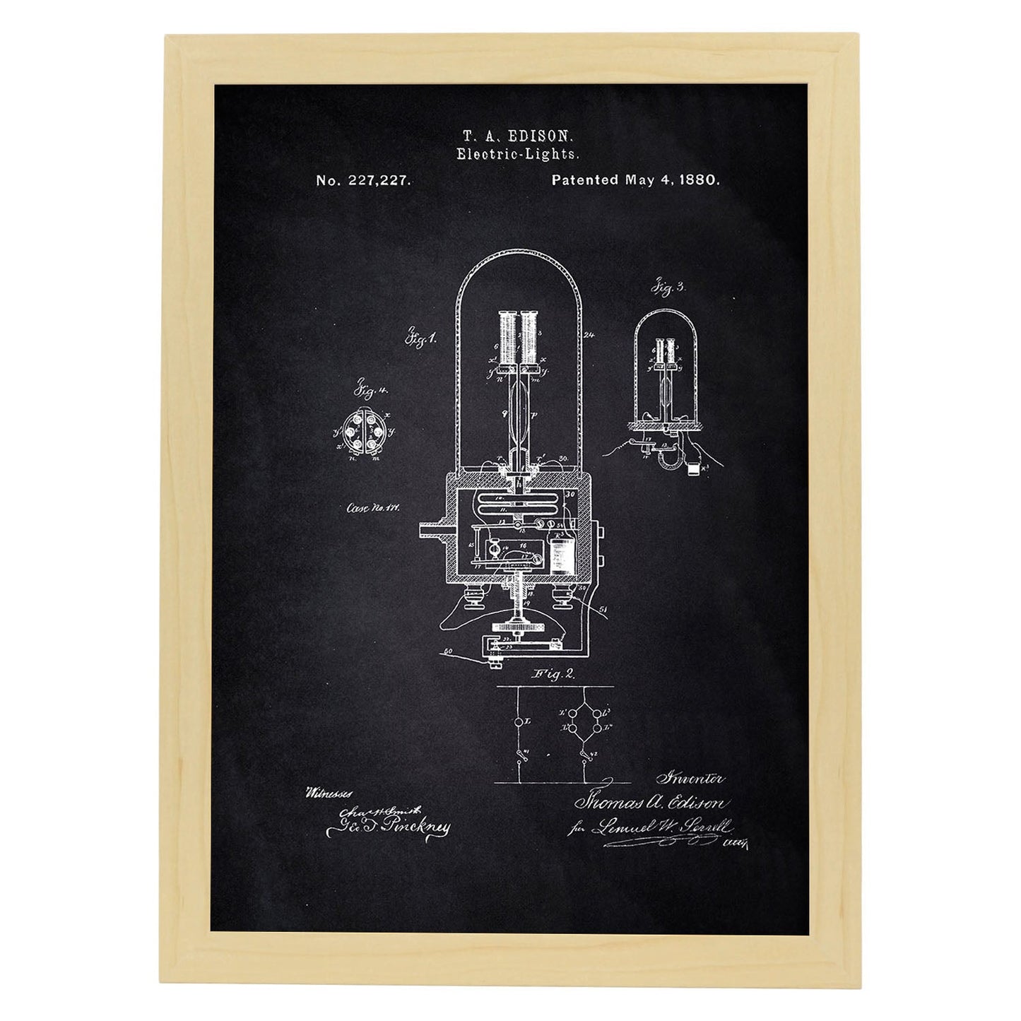 Poster con patente de Bombilla electrica 2. Lámina con diseño de patente antigua-Artwork-Nacnic-A4-Marco Madera clara-Nacnic Estudio SL