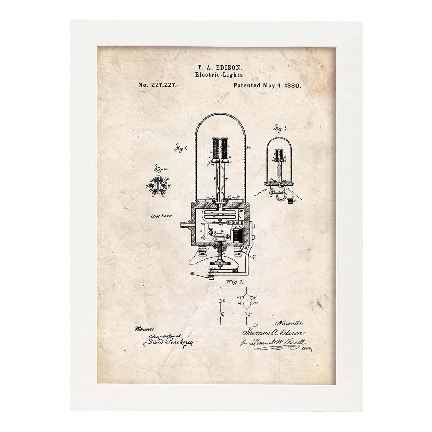 Poster con patente de Bombilla electrica 2. Lámina con diseño de patente antigua.-Artwork-Nacnic-A3-Marco Blanco-Nacnic Estudio SL