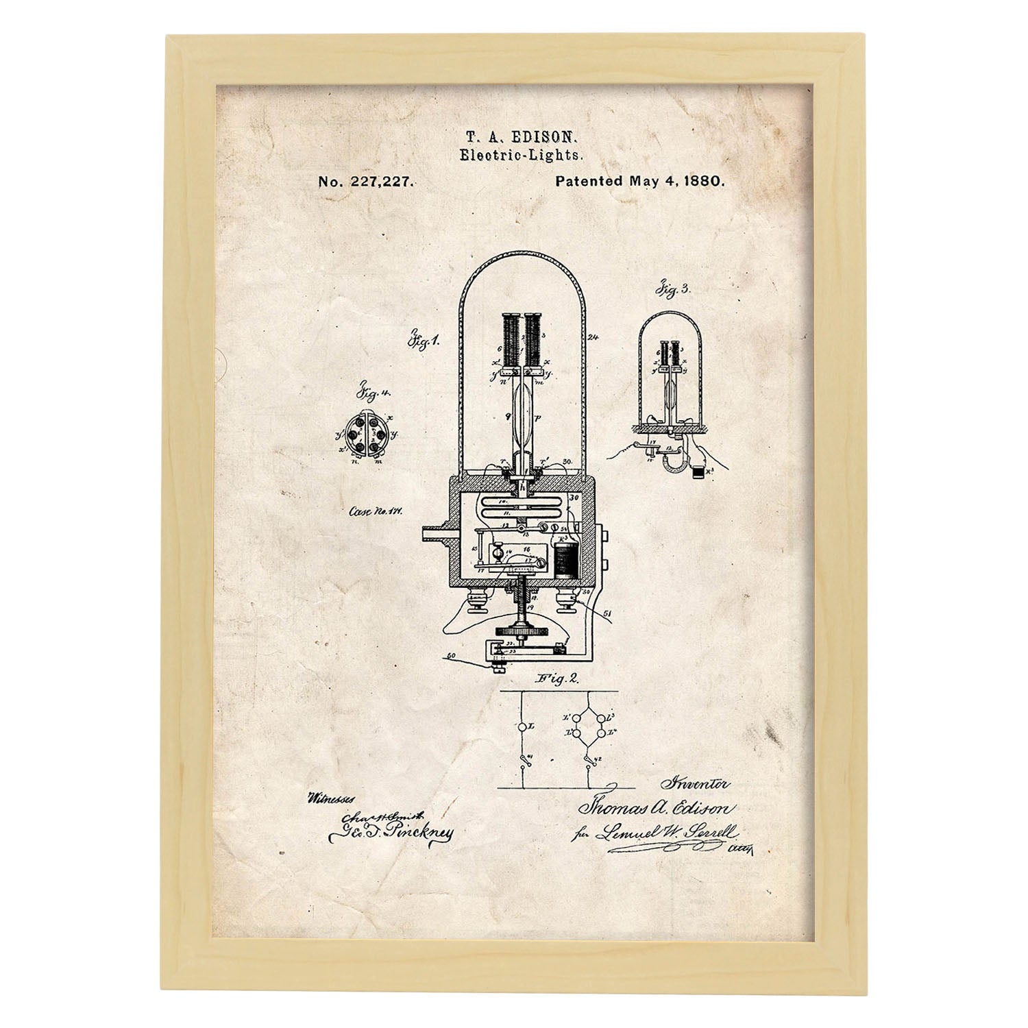 Poster con patente de Bombilla electrica 2. Lámina con diseño de patente antigua.-Artwork-Nacnic-A3-Marco Madera clara-Nacnic Estudio SL
