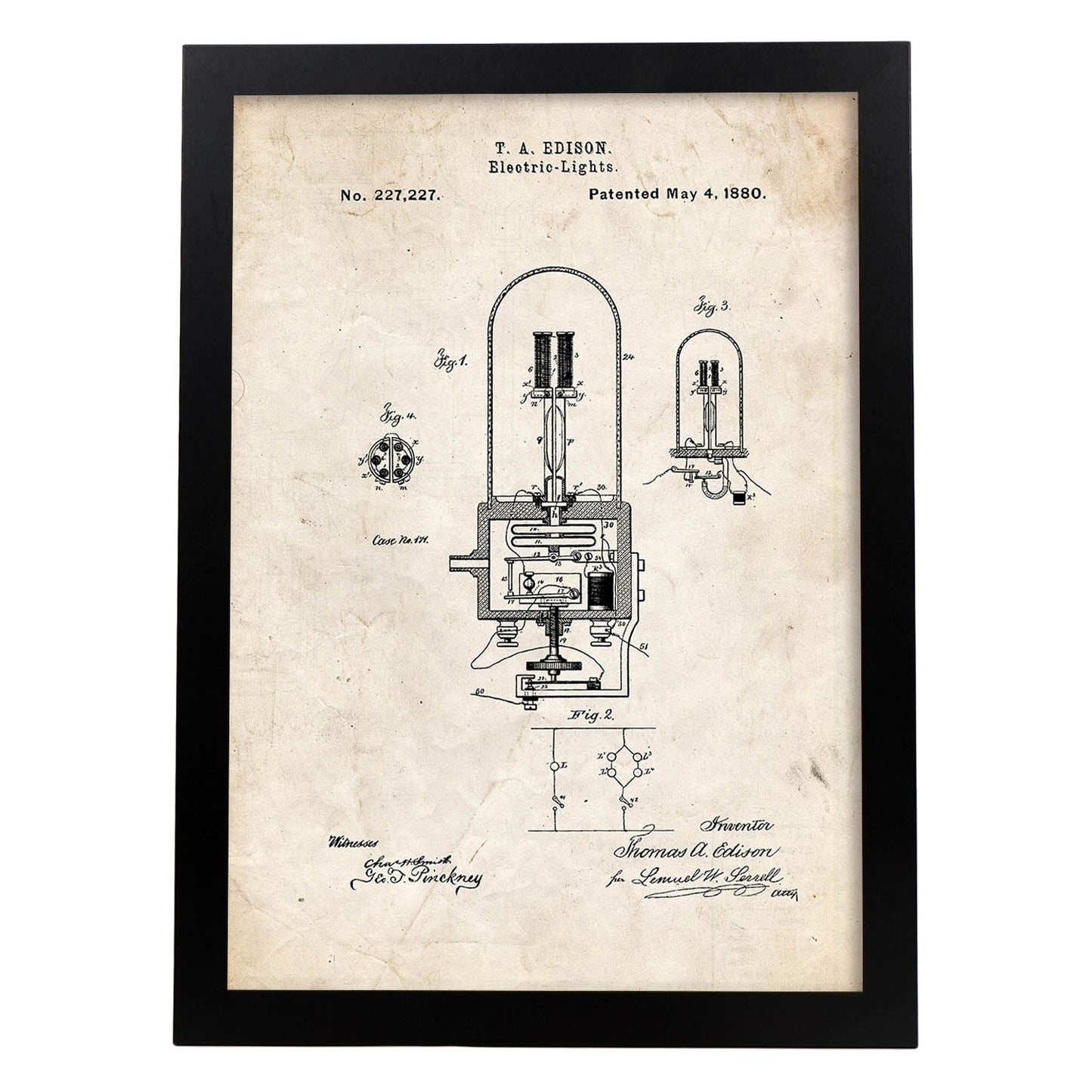Poster con patente de Bombilla electrica 2. Lámina con diseño de patente antigua.-Artwork-Nacnic-A3-Marco Negro-Nacnic Estudio SL
