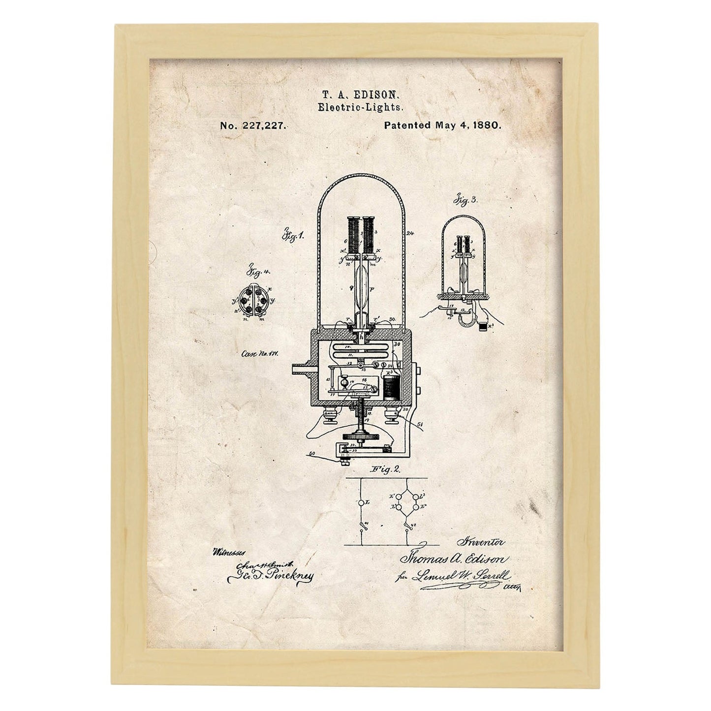 Poster con patente de Bombilla electrica 2. Lámina con diseño de patente antigua.-Artwork-Nacnic-A4-Marco Madera clara-Nacnic Estudio SL