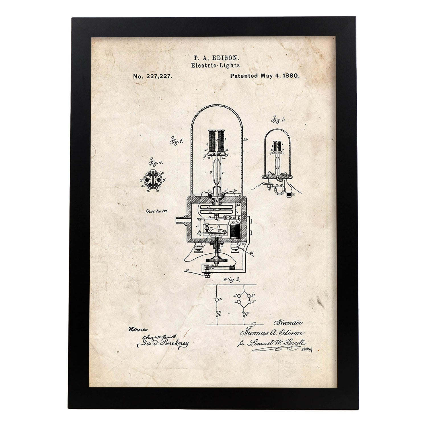 Poster con patente de Bombilla electrica 2. Lámina con diseño de patente antigua.-Artwork-Nacnic-A4-Marco Negro-Nacnic Estudio SL