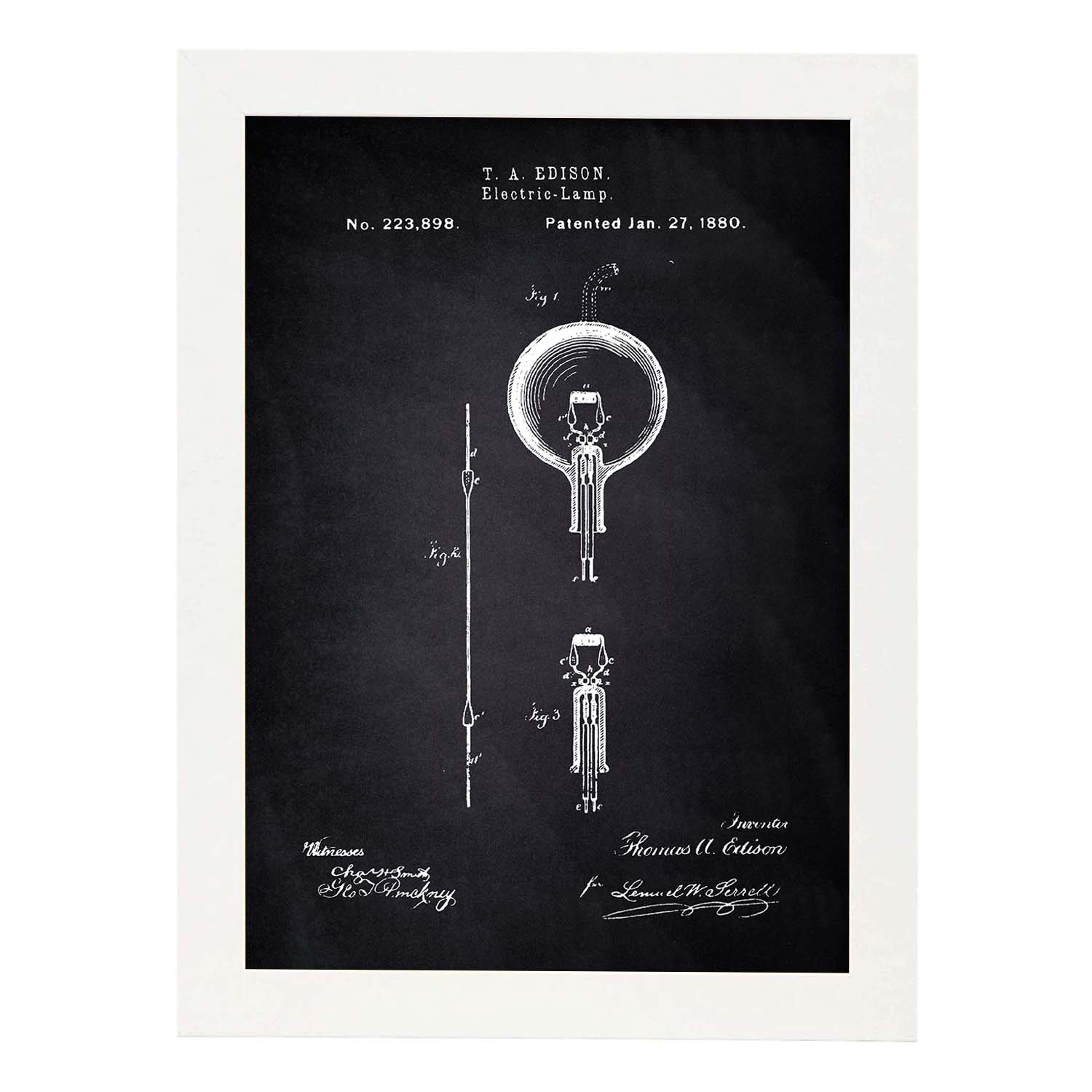 Poster con patente de Bombilla electrica. Lámina con diseño de patente antigua-Artwork-Nacnic-A3-Marco Blanco-Nacnic Estudio SL