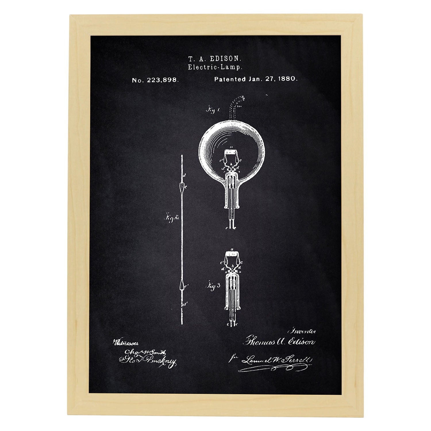 Poster con patente de Bombilla electrica. Lámina con diseño de patente antigua-Artwork-Nacnic-A3-Marco Madera clara-Nacnic Estudio SL