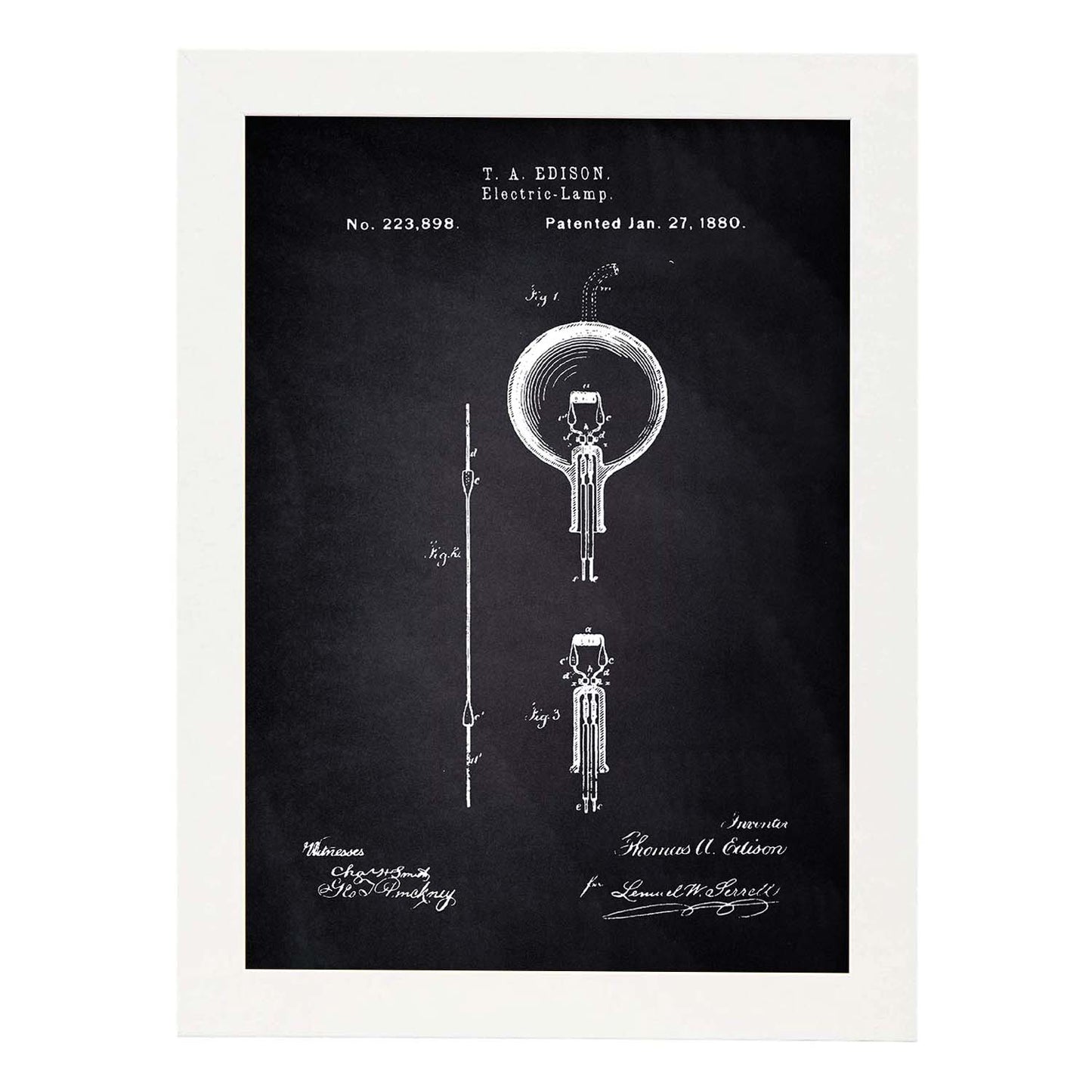 Poster con patente de Bombilla electrica. Lámina con diseño de patente antigua-Artwork-Nacnic-A4-Marco Blanco-Nacnic Estudio SL