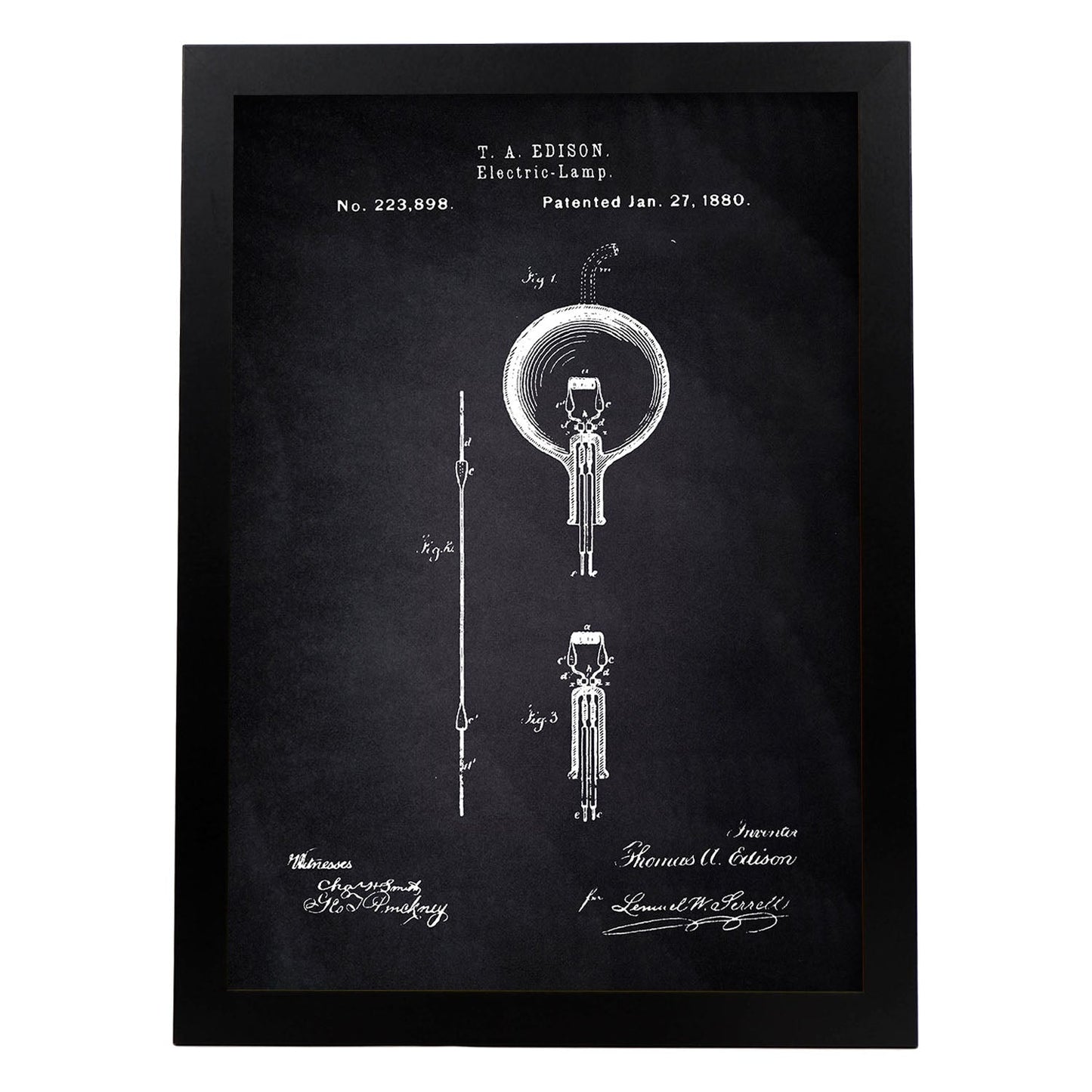 Poster con patente de Bombilla electrica. Lámina con diseño de patente antigua-Artwork-Nacnic-A4-Marco Negro-Nacnic Estudio SL