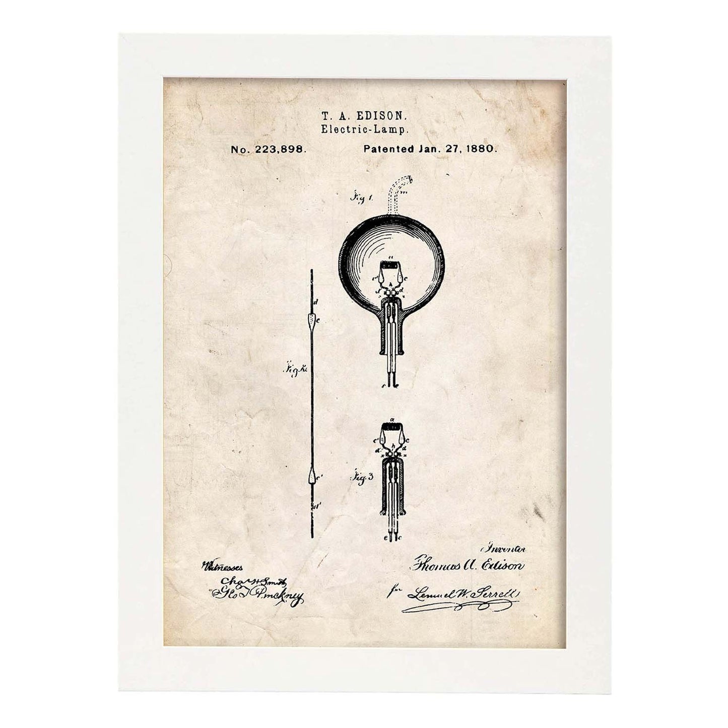 Poster con patente de Bombilla electrica. Lámina con diseño de patente antigua.-Artwork-Nacnic-A3-Marco Blanco-Nacnic Estudio SL