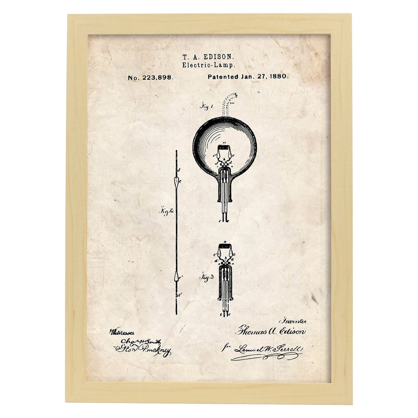 Poster con patente de Bombilla electrica. Lámina con diseño de patente antigua.-Artwork-Nacnic-A3-Marco Madera clara-Nacnic Estudio SL