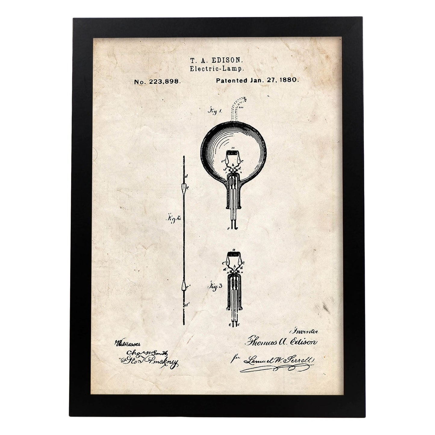 Poster con patente de Bombilla electrica. Lámina con diseño de patente antigua.-Artwork-Nacnic-A3-Marco Negro-Nacnic Estudio SL