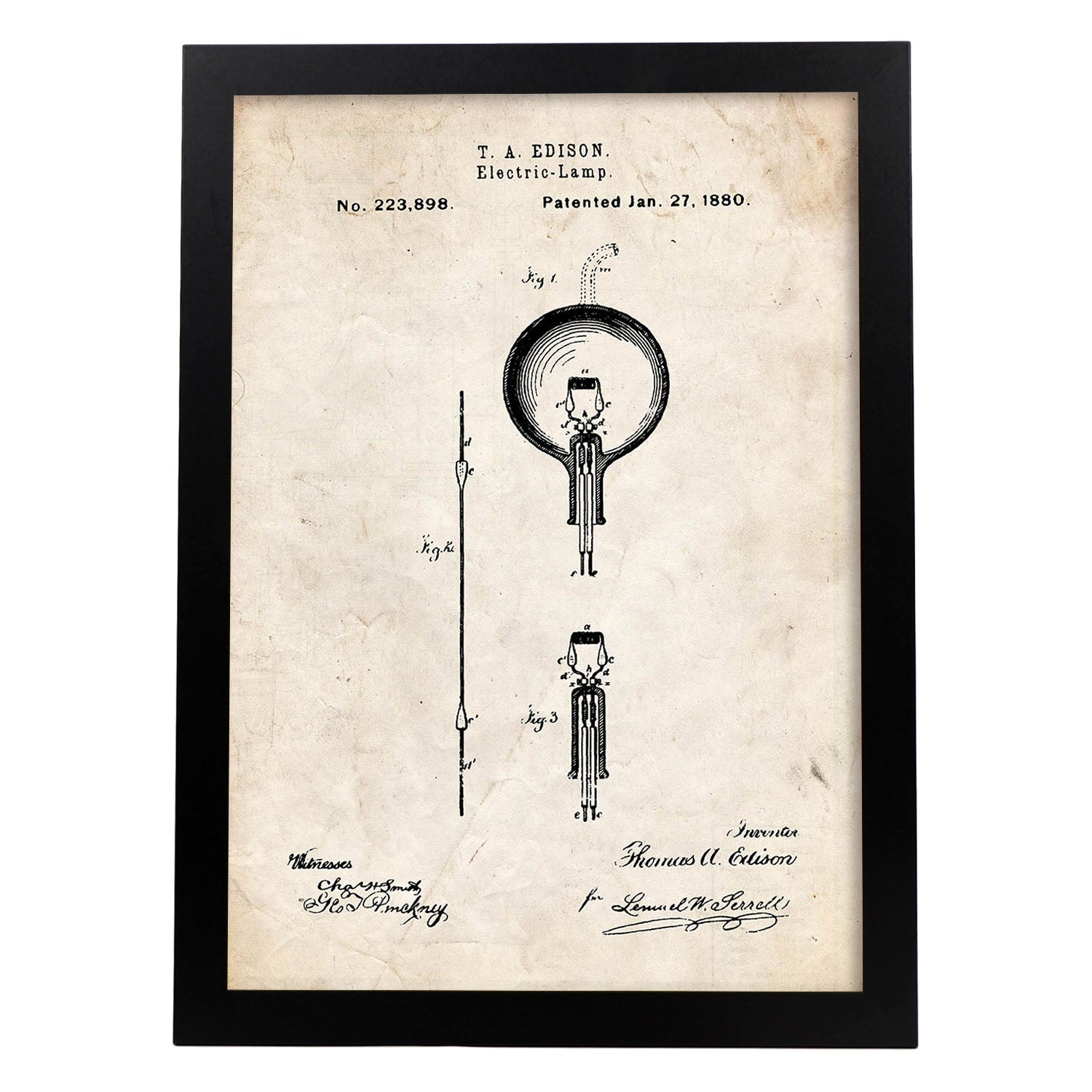 Poster con patente de Bombilla electrica. Lámina con diseño de patente antigua.-Artwork-Nacnic-A4-Marco Negro-Nacnic Estudio SL