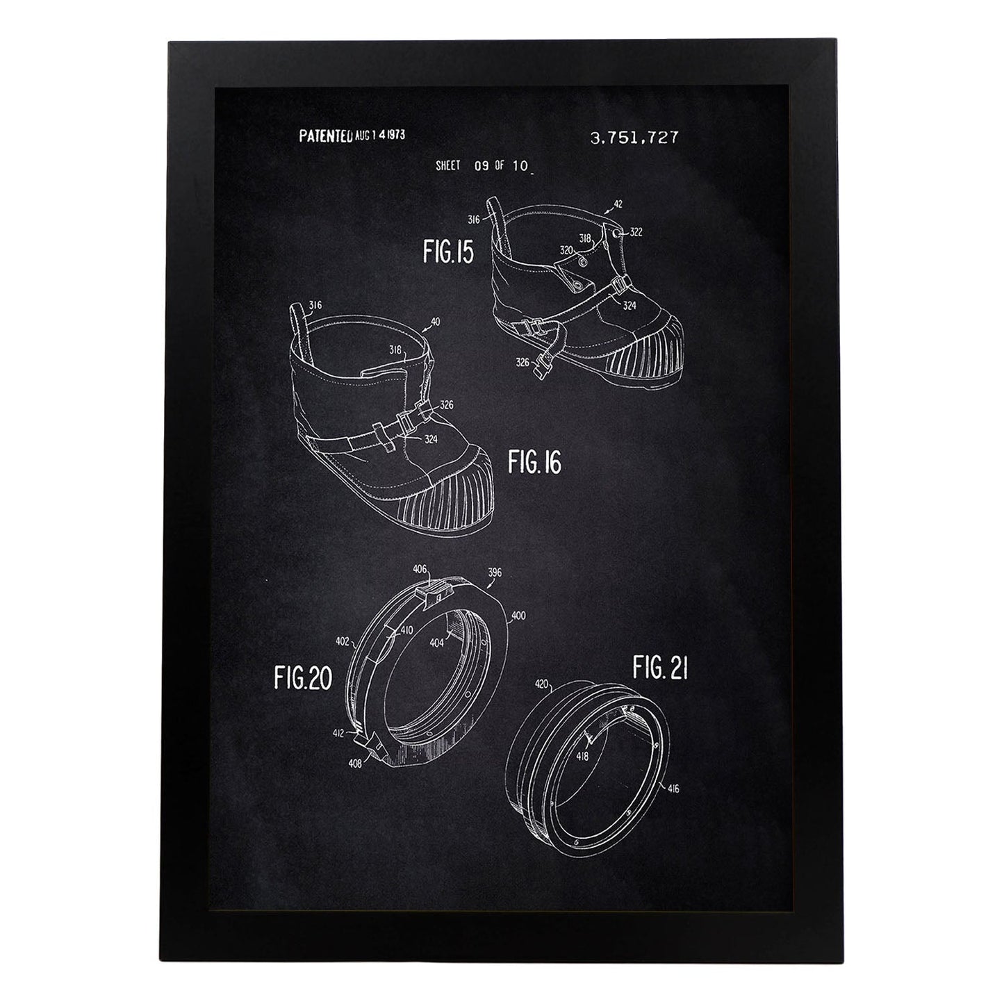 Poster con patente de Bota astronauta. Lámina con diseño de patente antigua-Artwork-Nacnic-A3-Marco Negro-Nacnic Estudio SL