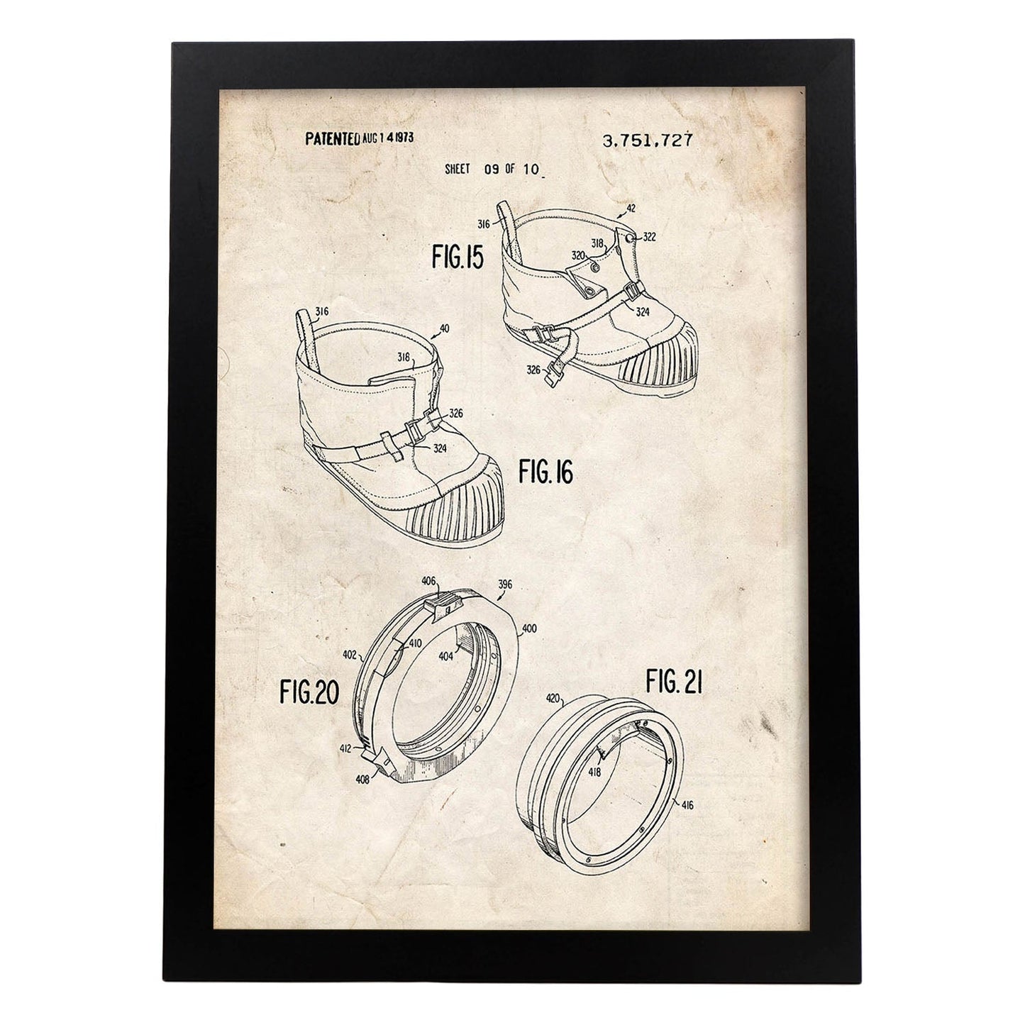 Poster con patente de Bota astronauta. Lámina con diseño de patente antigua.-Artwork-Nacnic-A3-Marco Negro-Nacnic Estudio SL