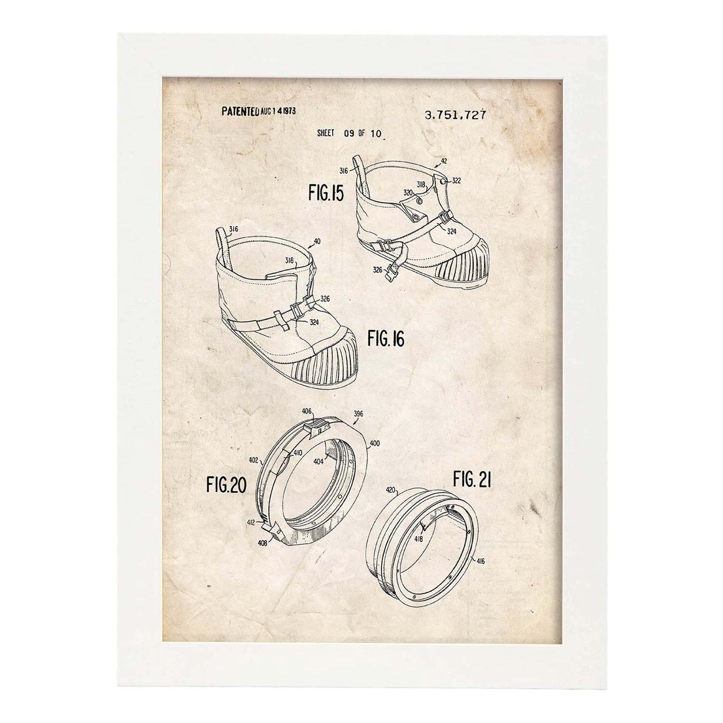 Poster con patente de Bota astronauta. Lámina con diseño de patente antigua.-Artwork-Nacnic-A4-Marco Blanco-Nacnic Estudio SL