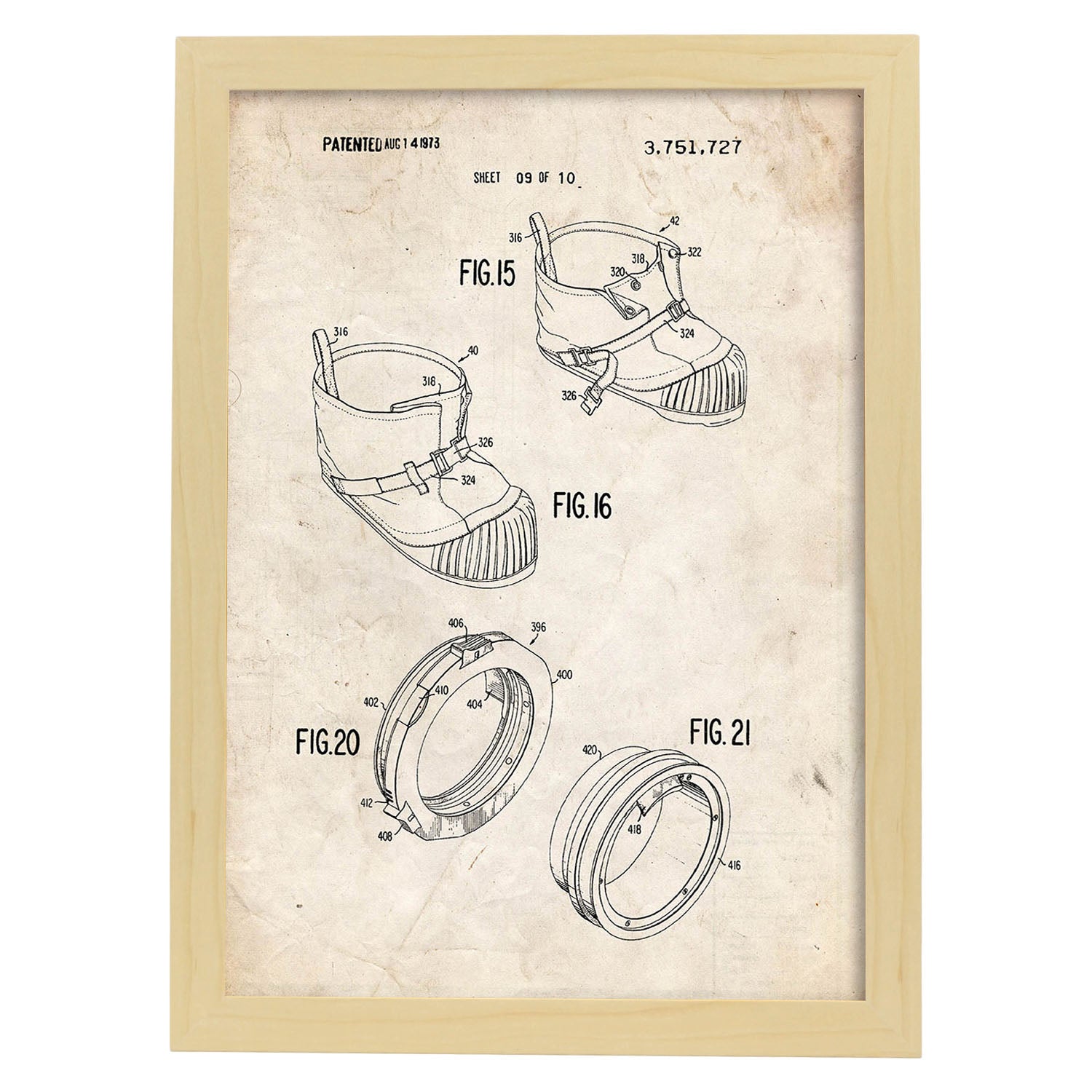 Poster con patente de Bota astronauta. Lámina con diseño de patente antigua.-Artwork-Nacnic-A4-Marco Madera clara-Nacnic Estudio SL