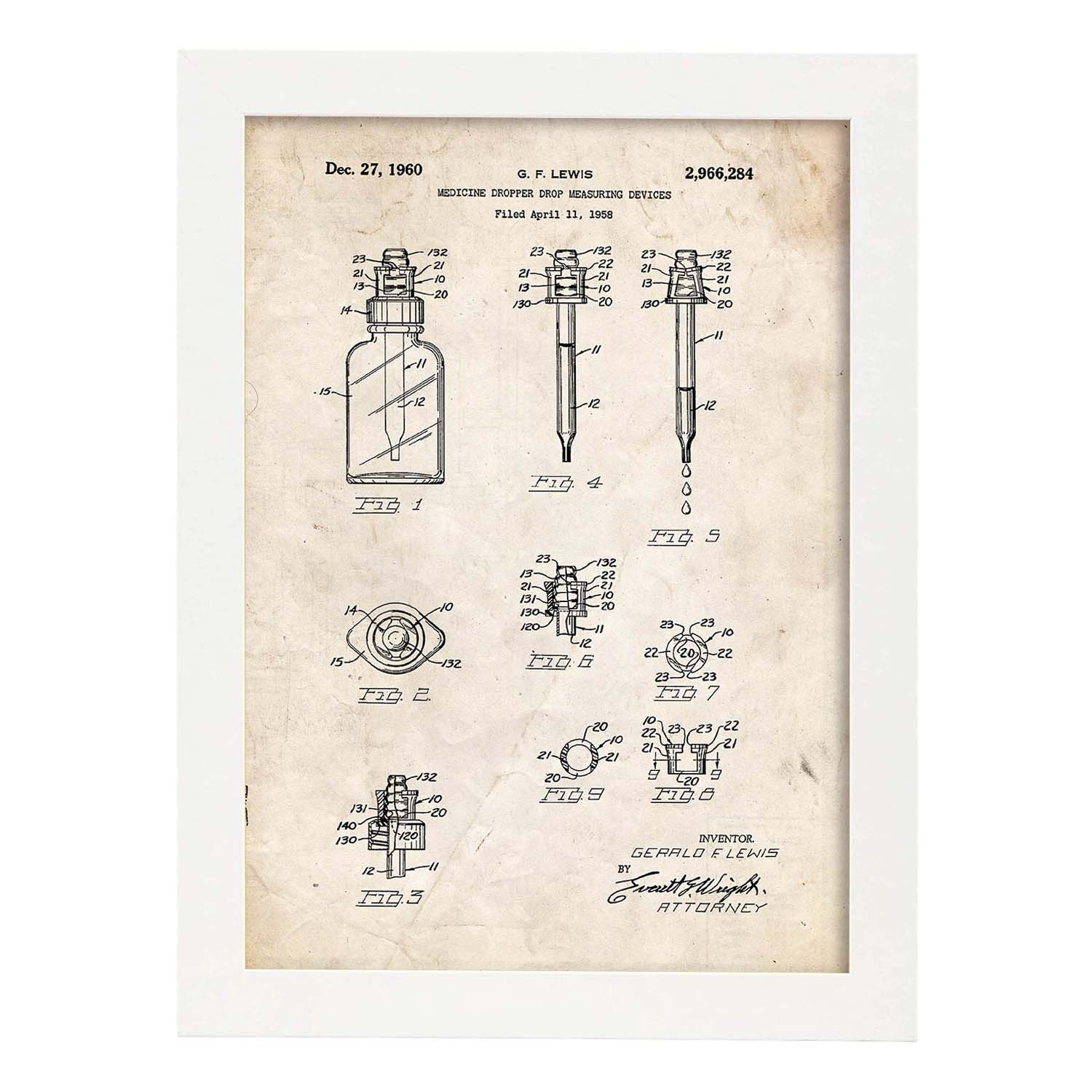 Poster con patente de Bote con cuentagotas. Lámina con diseño de patente antigua.-Artwork-Nacnic-A3-Marco Blanco-Nacnic Estudio SL