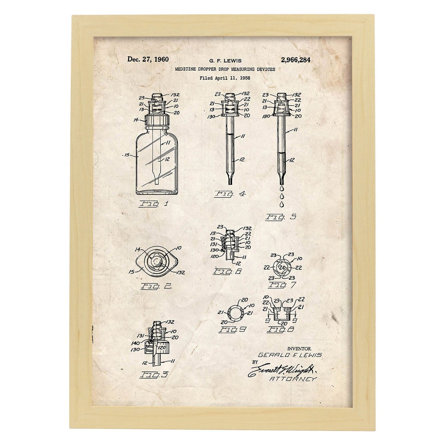 Poster con patente de Bote con cuentagotas. Lámina con diseño de patente antigua.-Artwork-Nacnic-A3-Marco Madera clara-Nacnic Estudio SL