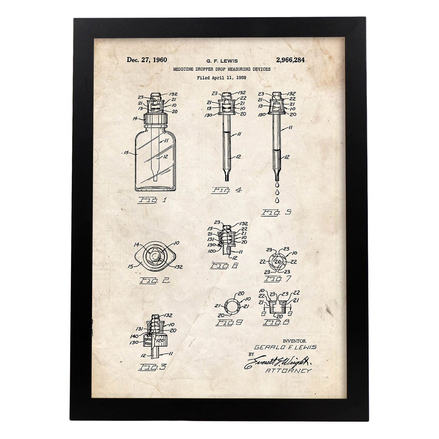 Poster con patente de Bote con cuentagotas. Lámina con diseño de patente antigua.-Artwork-Nacnic-A3-Marco Negro-Nacnic Estudio SL