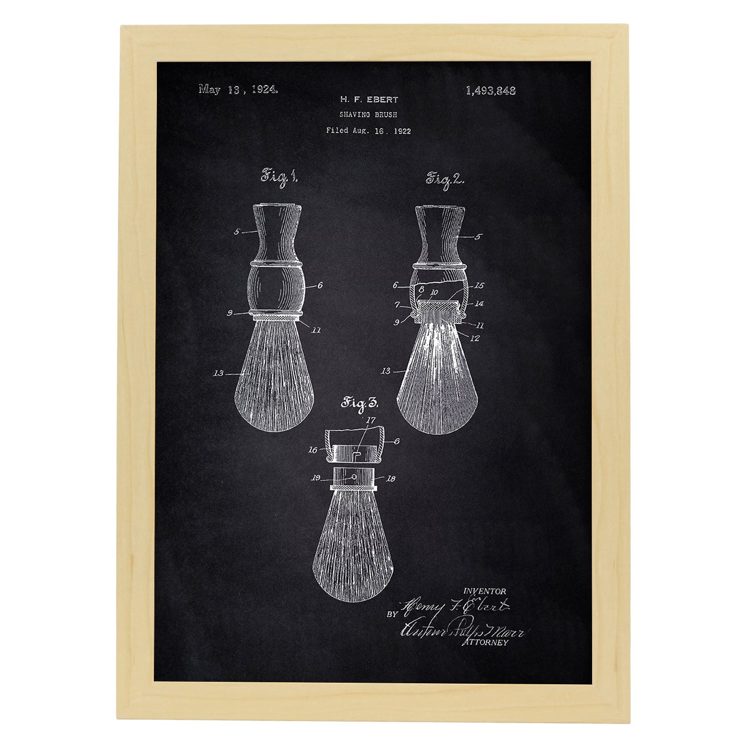 Poster con patente de Brocha de afeitar. Lámina con diseño de patente antigua-Artwork-Nacnic-A3-Marco Madera clara-Nacnic Estudio SL