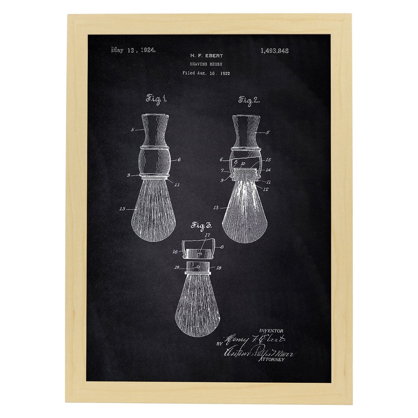 Poster con patente de Brocha de afeitar. Lámina con diseño de patente antigua-Artwork-Nacnic-A4-Marco Madera clara-Nacnic Estudio SL