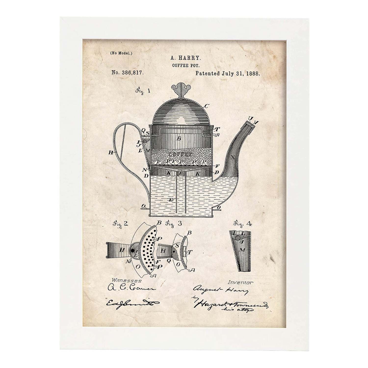 Poster con patente de Cafetera 1. Lámina con diseño de patente antigua.-Artwork-Nacnic-A3-Marco Blanco-Nacnic Estudio SL