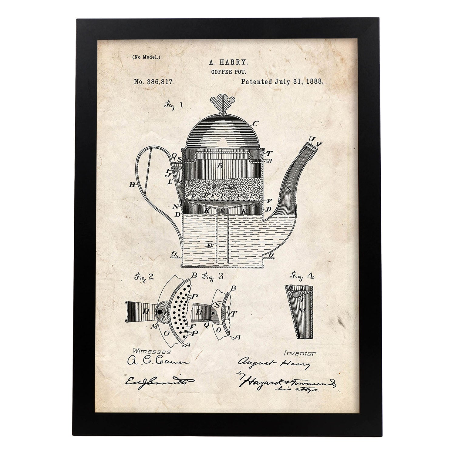 Poster con patente de Cafetera 1. Lámina con diseño de patente antigua.-Artwork-Nacnic-A3-Marco Negro-Nacnic Estudio SL