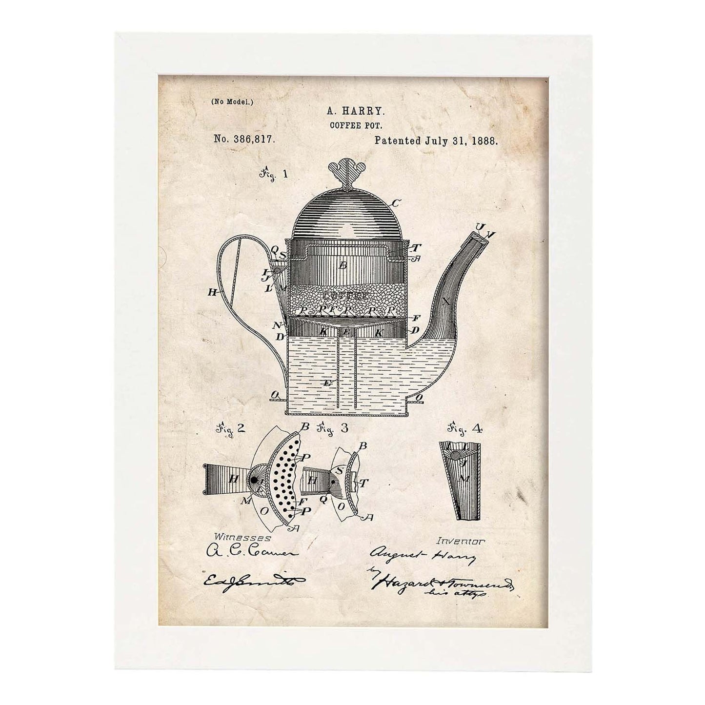 Poster con patente de Cafetera 1. Lámina con diseño de patente antigua.-Artwork-Nacnic-A4-Marco Blanco-Nacnic Estudio SL