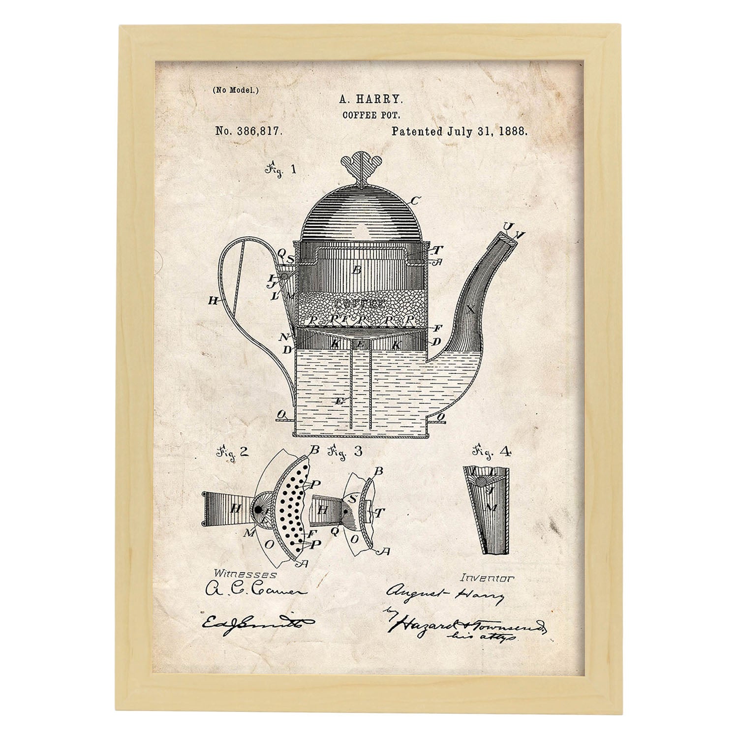 Poster con patente de Cafetera 1. Lámina con diseño de patente antigua.-Artwork-Nacnic-A4-Marco Madera clara-Nacnic Estudio SL