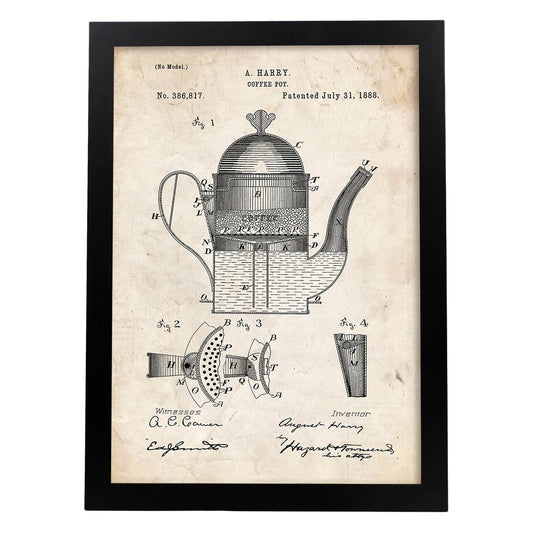 Poster con patente de Cafetera 1. Lámina con diseño de patente antigua.-Artwork-Nacnic-A4-Marco Negro-Nacnic Estudio SL